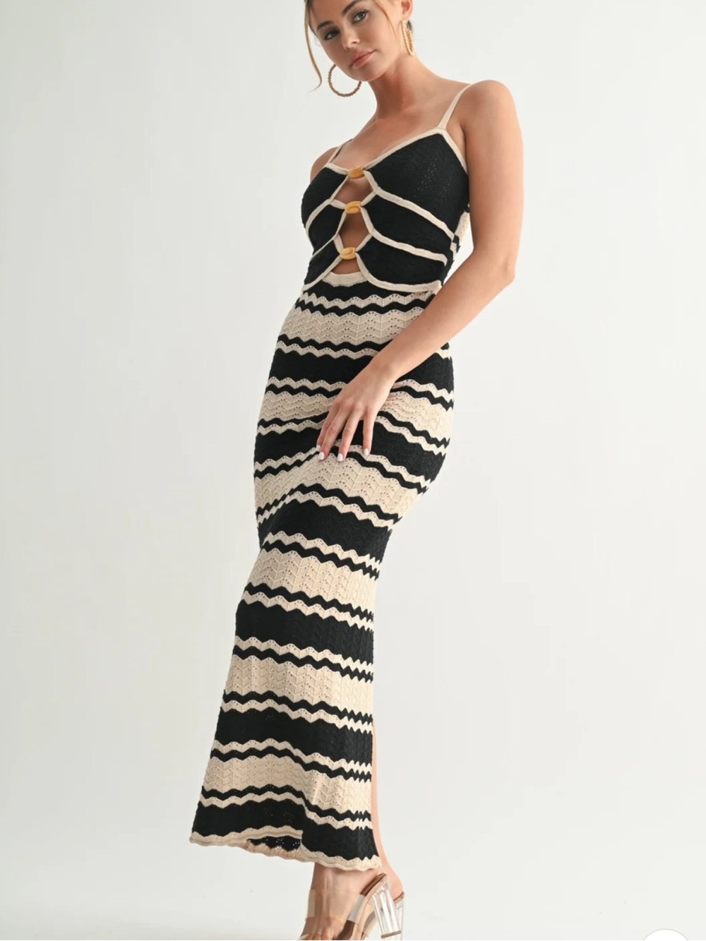 Black and Cream Striped Maxi Dress with Cutout Ring Details